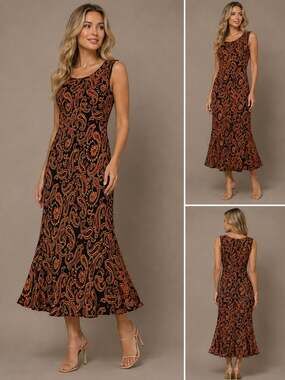 Black and Orange Paisley Print Sleeveless Sequin Embellished Midi Dress
M-84